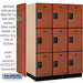Salsbury 18" Wide Triple Tier Designer Wood Locker - 3 Wide - 6 Feet High - 24 Inches Deep - Cherry - Black Resettable Combination Locks - Sweatfully