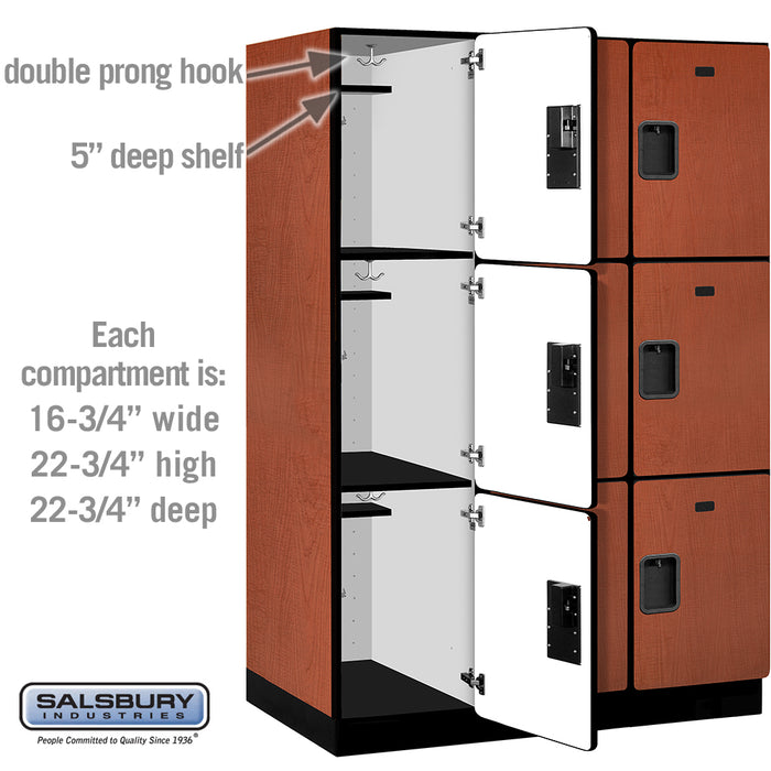 Salsbury 18" Wide Triple Tier Designer Wood Locker - 3 Wide - 6 Feet High - 24 Inches Deep - Cherry - Hasps - Sweatfully