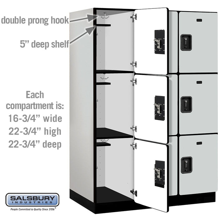 Salsbury 18" Wide Triple Tier Designer Wood Locker - 3 Wide - 6 Feet High - 24 Inches Deep - Gray - Black Resettable Combination Locks - Sweatfully