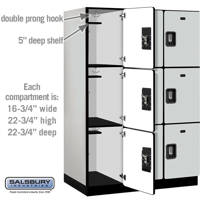 Salsbury 18" Wide Triple Tier Designer Wood Locker - 3 Wide - 6 Feet High - 24 Inches Deep - Gray - Silver Resettable Combination Locks - Sweatfully