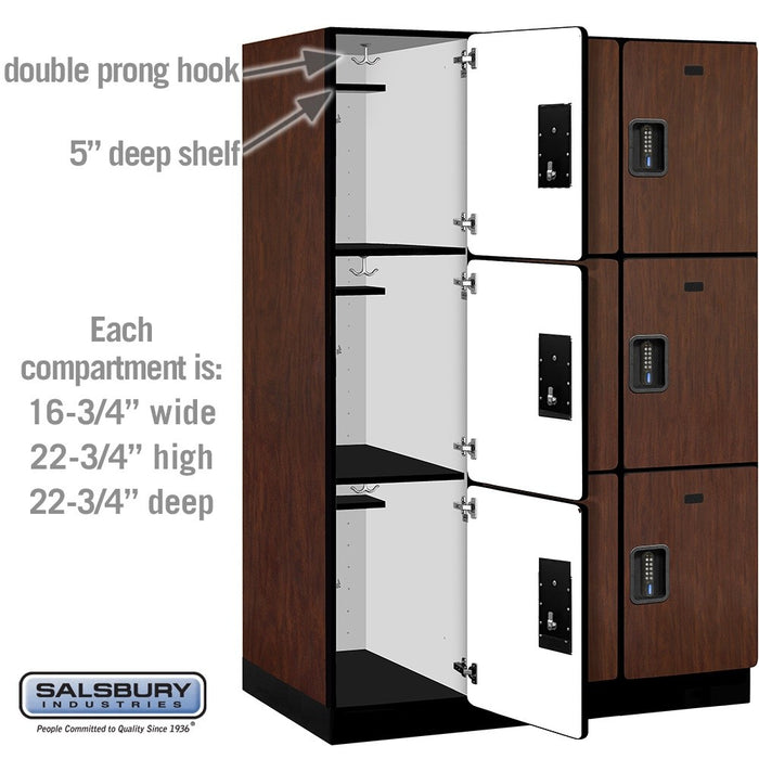 Salsbury 18" Wide Triple Tier Designer Wood Locker - 3 Wide - 6 Feet High - 24 Inches Deep - Mahogany - Black Electronic Locks - Sweatfully