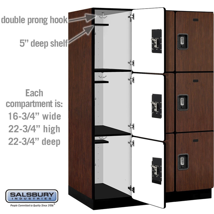 Salsbury 18" Wide Triple Tier Designer Wood Locker - 3 Wide - 6 Feet High - 24 Inches Deep - Mahogany - Silver Resettable Combination Locks - Sweatfully