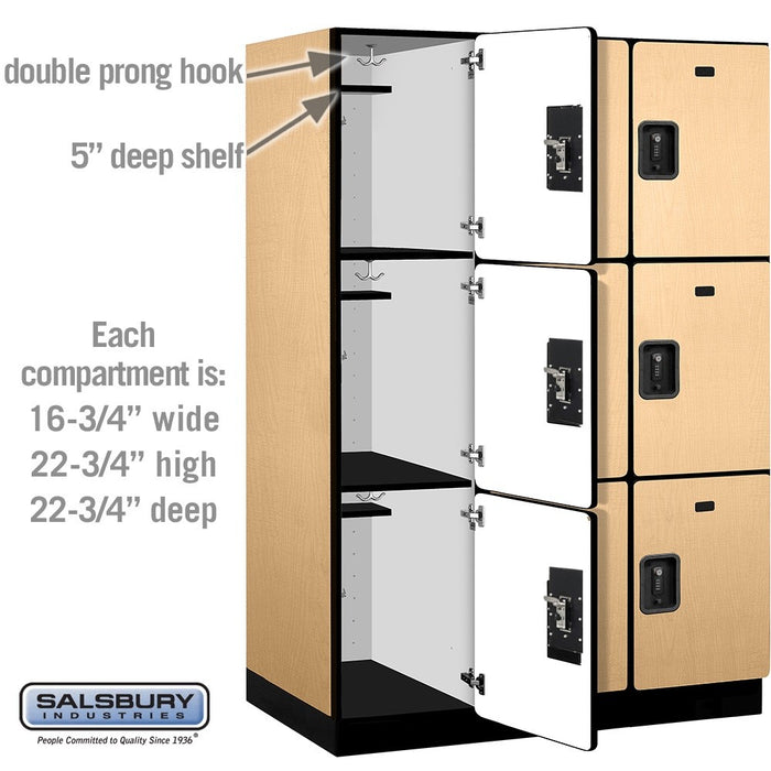 Salsbury 18" Wide Triple Tier Designer Wood Locker - 3 Wide - 6 Feet High - 24 Inches Deep - Maple - Black Resettable Combination Locks - Sweatfully