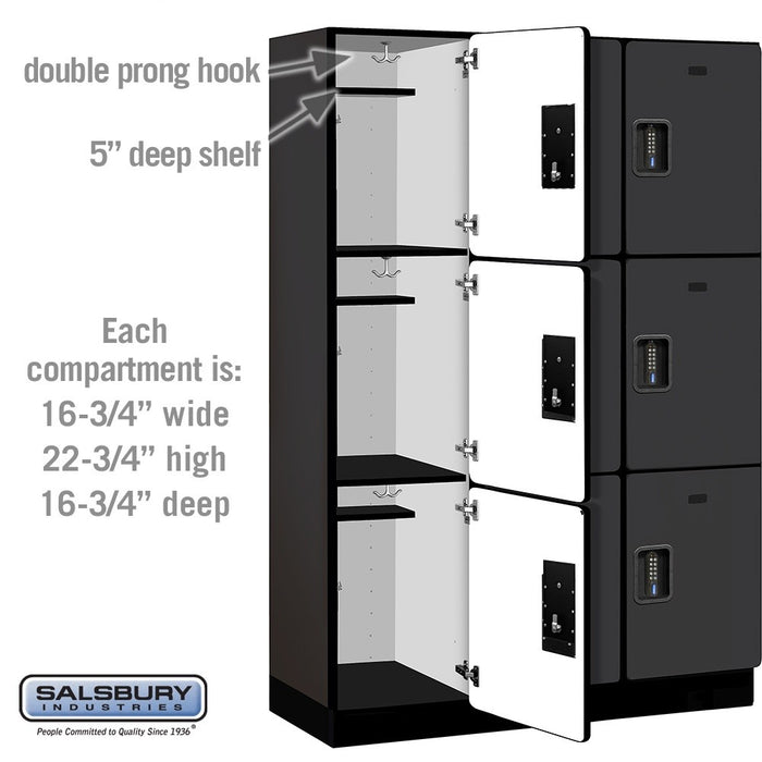 Salsbury 18" Wide Triple Tier Designer Wood Locker - 3 Wide - 6 Feet High - 18 Inches Deep - Black - Black Electronic Locks - Sweatfully