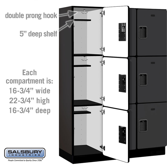 Salsbury 18" Wide Triple Tier Designer Wood Locker - 3 Wide - 6 Feet High - 18 Inches Deep - Black - Hasps - Sweatfully
