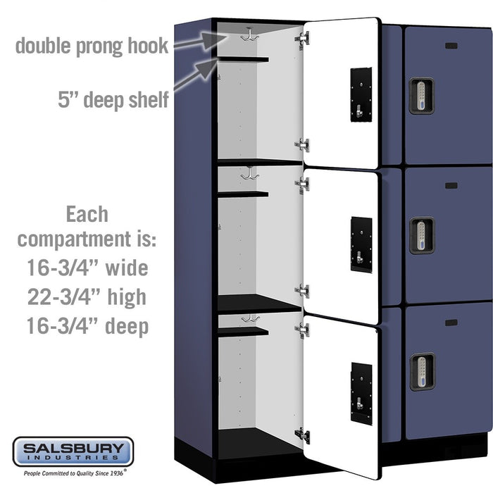 Salsbury 18" Wide Triple Tier Designer Wood Locker - 3 Wide - 6 Feet High - 18 Inches Deep - Blue - Silver Electronic Locks - Sweatfully