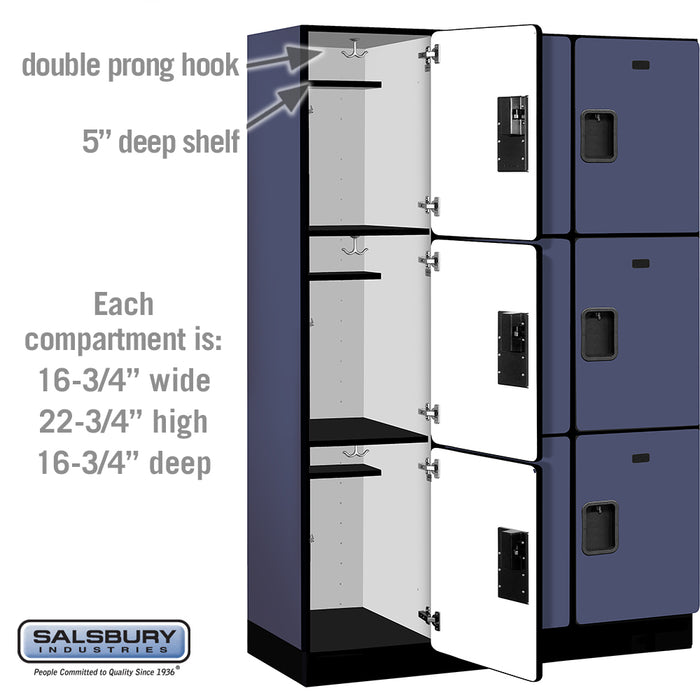 Salsbury 18" Wide Triple Tier Designer Wood Locker - 3 Wide - 6 Feet High - 18 Inches Deep - Blue - Hasps - Sweatfully