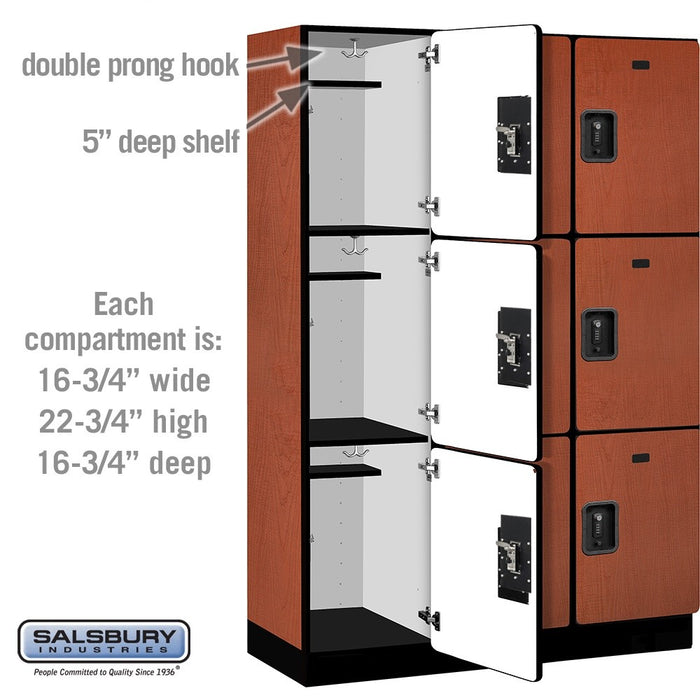 Salsbury 18" Wide Triple Tier Designer Wood Locker - 3 Wide - 6 Feet High - 18 Inches Deep - Cherry - Black Resettable Combination Locks - Sweatfully