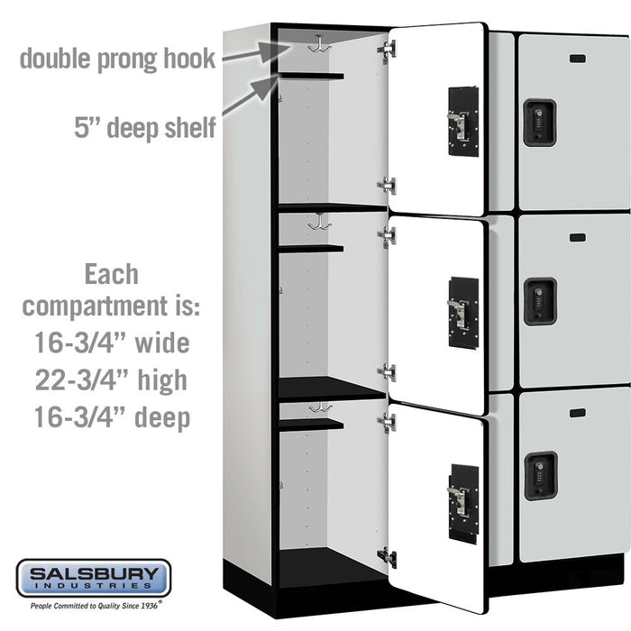 Salsbury 18" Wide Triple Tier Designer Wood Locker - 3 Wide - 6 Feet High - 18 Inches Deep - Gray - Black Resettable Combination Locks - Sweatfully