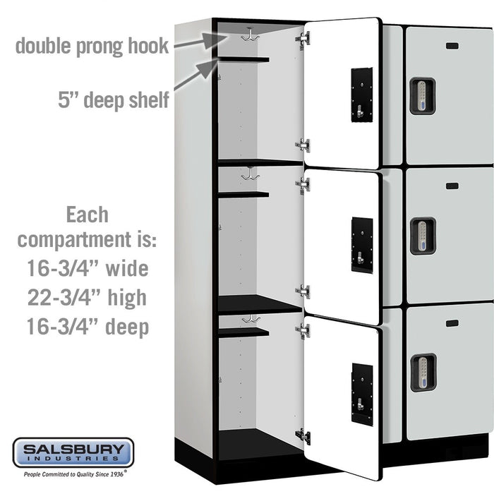 Salsbury 18" Wide Triple Tier Designer Wood Locker - 3 Wide - 6 Feet High - 18 Inches Deep - Gray - Silver Electronic Locks - Sweatfully