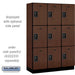 Salsbury 18" Wide Triple Tier Designer Wood Locker - 3 Wide - 6 Feet High - 18 Inches Deep - Mahogany - Black Resettable Combination Locks - Sweatfully