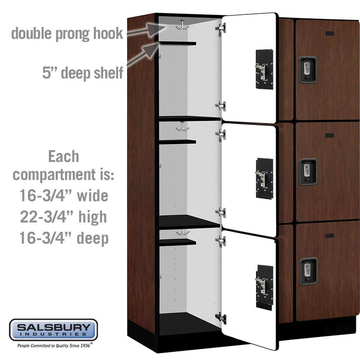 Salsbury 18" Wide Triple Tier Designer Wood Locker - 3 Wide - 6 Feet High - 18 Inches Deep - Mahogany - Silver Resettable Combination Locks - Sweatfully