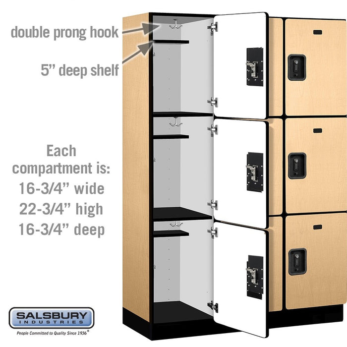 Salsbury 18" Wide Triple Tier Designer Wood Locker - 3 Wide - 6 Feet High - 18 Inches Deep - Maple - Black Resettable Combination Locks - Sweatfully