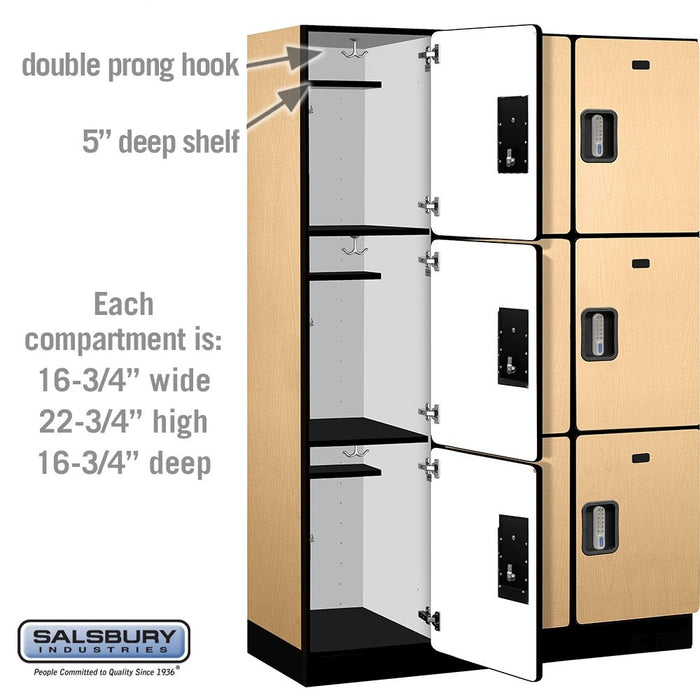 Salsbury 18" Wide Triple Tier Designer Wood Locker - 3 Wide - 6 Feet High - 18 Inches Deep - Maple - Silver Electronic Locks - Sweatfully