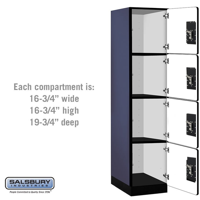 Salsbury 18" Wide Four Tier Designer Wood Locker - 1 Wide - 6 Feet High - 21 Inches Deep - Blue - Black Resettable Combination Locks - Sweatfully