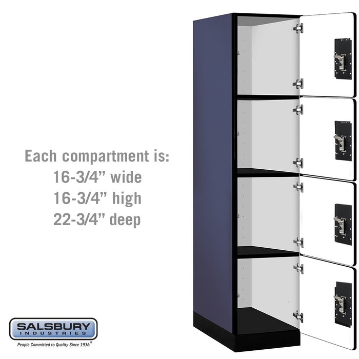 Salsbury 18" Wide Four Tier Designer Wood Locker - 1 Wide - 6 Feet High - 24 Inches Deep - Blue - Black Resettable Combination Locks - Sweatfully