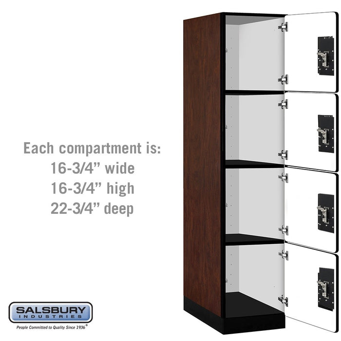 Salsbury 18" Wide Four Tier Designer Wood Locker - 1 Wide - 6 Feet High - 24 Inches Deep - Mahogany - Black Resettable Combination Locks - Sweatfully