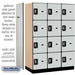 Salsbury 18" Wide Four Tier Designer Wood Locker - 3 Wide - 6 Feet High - 21 Inches Deep - Gray - Silver Resettable Combination Locks - Sweatfully