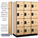 Salsbury 18" Wide Four Tier Designer Wood Locker - 3 Wide - 6 Feet High - 21 Inches Deep - Maple - Black Resettable Combination Locks - Sweatfully