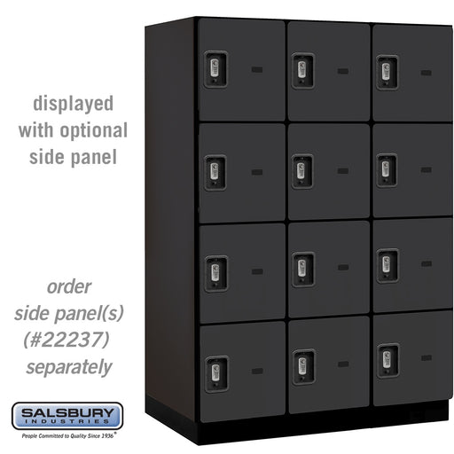 Salsbury 18" Wide Four Tier Designer Wood Locker - 3 Wide - 6 Feet High - 24 Inches Deep - Black - Silver Resettable Combination Locks - Sweatfully