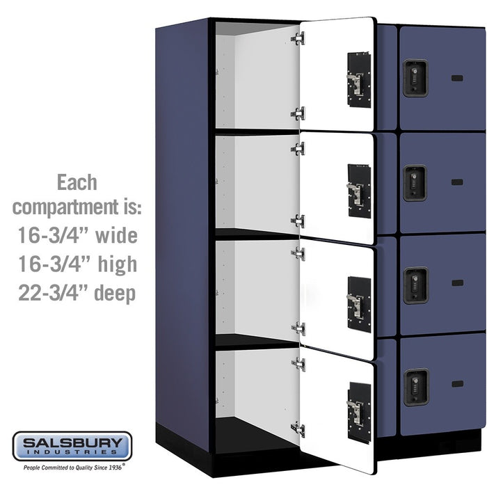 Salsbury 18" Wide Four Tier Designer Wood Locker - 3 Wide - 6 Feet High - 24 Inches Deep - Blue - Black Resettable Combination Locks - Sweatfully