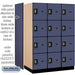 Salsbury 18" Wide Four Tier Designer Wood Locker - 3 Wide - 6 Feet High - 24 Inches Deep - Blue - Silver Resettable Combination Locks - Sweatfully