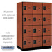 Salsbury 18" Wide Four Tier Designer Wood Locker - 3 Wide - 6 Feet High - 24 Inches Deep - Cherry - Black Resettable Combination Locks - Sweatfully