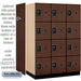 Salsbury 18" Wide Four Tier Designer Wood Locker - 3 Wide - 6 Feet High - 24 Inches Deep - Mahogany - Black Resettable Combination Locks - Sweatfully