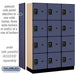 Salsbury 18" Wide Four Tier Designer Wood Locker - 3 Wide - 6 Feet High - 18 Inches Deep - Blue - Black Resettable Combination Locks - Sweatfully
