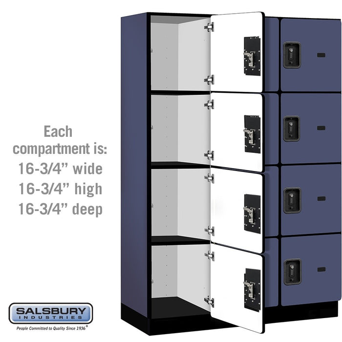 Salsbury 18" Wide Four Tier Designer Wood Locker - 3 Wide - 6 Feet High - 18 Inches Deep - Blue - Black Resettable Combination Locks - Sweatfully