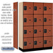 Salsbury 18" Wide Four Tier Designer Wood Locker - 3 Wide - 6 Feet High - 18 Inches Deep - Cherry - Black Resettable Combination Locks - Sweatfully