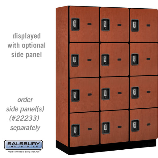 Salsbury 18" Wide Four Tier Designer Wood Locker - 3 Wide - 6 Feet High - 18 Inches Deep - Cherry - Silver Resettable Combination Locks - Sweatfully
