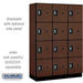 Salsbury 18" Wide Four Tier Designer Wood Locker - 3 Wide - 6 Feet High - 18 Inches Deep - Mahogany - Silver Resettable Combination Locks - Sweatfully