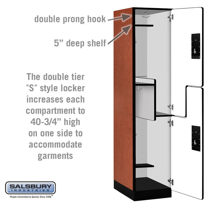 Salsbury 18" Wide Double Tier 'S' Style Designer Wood Locker - 1 Wide - 6 Feet High - 21 Inches Deep - Cherry - Black Electronic Locks - Sweatfully