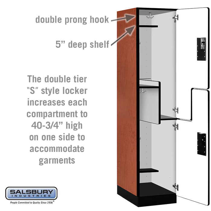 Salsbury 18" Wide Double Tier 'S' Style Designer Wood Locker - 1 Wide - 6 Feet High - 21 Inches Deep - Cherry - Hasps - Sweatfully