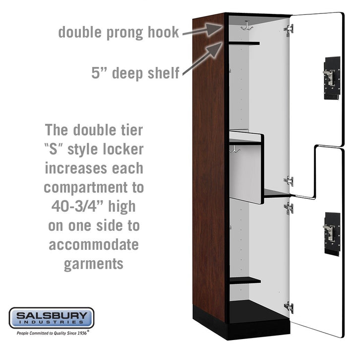 Salsbury 18" Wide Double Tier 'S' Style Designer Wood Locker - 1 Wide - 6 Feet High - 21 Inches Deep - Mahogany - Silver Resettable Combination Locks - Sweatfully