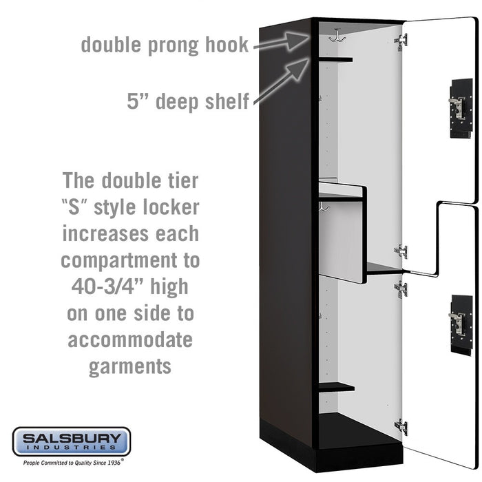 Salsbury 18" Wide Double Tier 'S' Style Designer Wood Locker - 1 Wide - 6 Feet High - 24 Inches Deep - Black - Black Resettable Combination Locks - Sweatfully