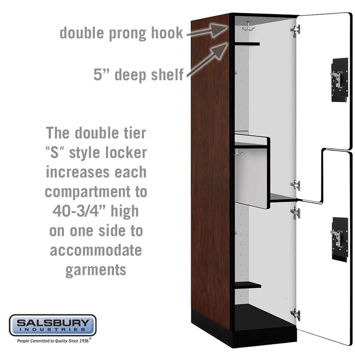 Salsbury 18" Wide Double Tier 'S' Style Designer Wood Locker - 1 Wide - 6 Feet High - 24 Inches Deep - Mahogany - Silver Resettable Combination Locks - Sweatfully