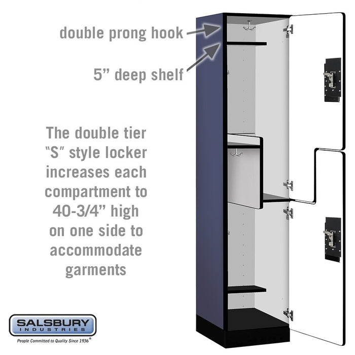 Salsbury 18" Wide Double Tier 'S' Style Designer Wood Locker - 1 Wide - 6 Feet High - 18 Inches Deep - Blue - Black Resettable Combination Locks - Sweatfully