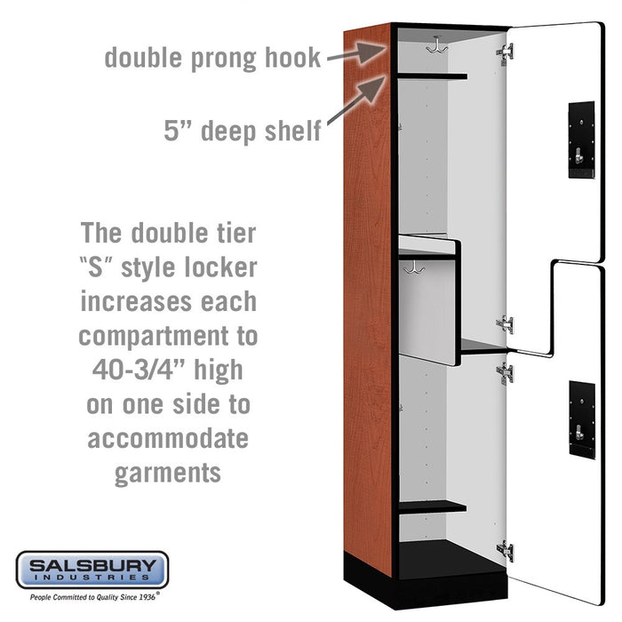 Salsbury 18" Wide Double Tier 'S' Style Designer Wood Locker - 1 Wide - 6 Feet High - 18 Inches Deep - Cherry - Black Electronic Locks - Sweatfully