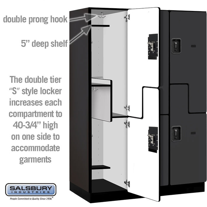 Salsbury 18" Wide Double Tier 'S' Style Designer Wood Locker - 3 Wide - 6 Feet High - 21 Inches Deep - Black - Black Resettable Combination Locks - Sweatfully