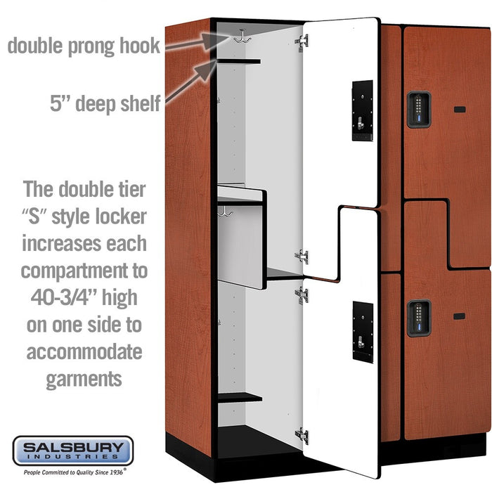 Salsbury 18" Wide Double Tier 'S' Style Designer Wood Locker - 3 Wide - 6 Feet High - 21 Inches Deep - Cherry - Black Electronic Locks - Sweatfully