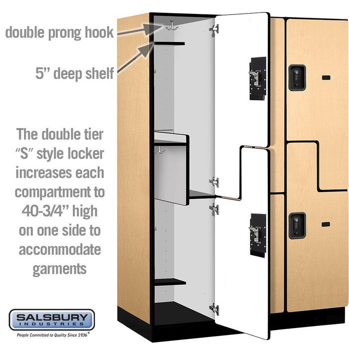 Salsbury 18" Wide Double Tier 'S' Style Designer Wood Locker - 3 Wide - 6 Feet High - 21 Inches Deep - Maple - Black Resettable Combination Locks - Sweatfully