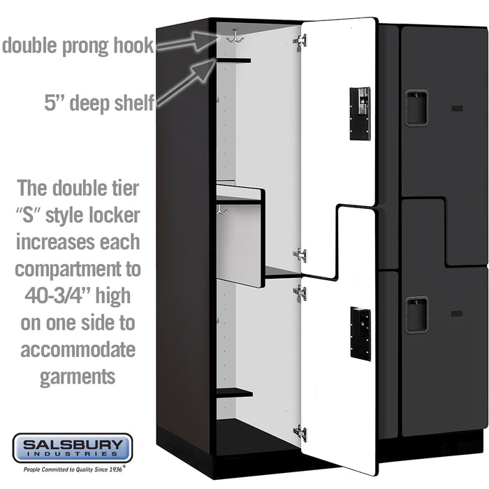 Salsbury 18" Wide Double Tier 'S' Style Designer Wood Locker - 3 Wide - 6 Feet High - 24 Inches Deep - Black - Hasps - Sweatfully