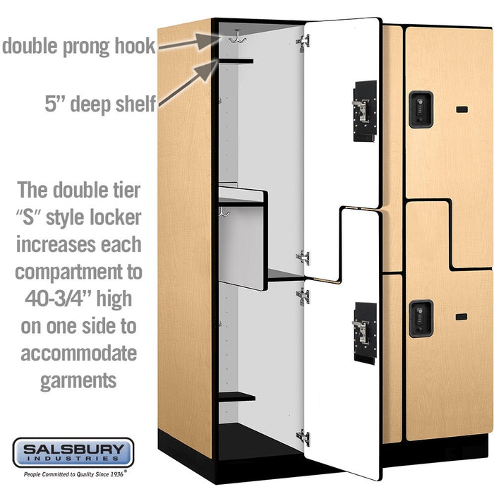 Salsbury 18" Wide Double Tier 'S' Style Designer Wood Locker - 3 Wide - 6 Feet High - 24 Inches Deep - Maple - Black Resettable Combination Locks - Sweatfully