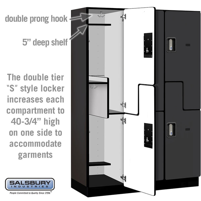 Salsbury 18" Wide Double Tier 'S' Style Designer Wood Locker - 3 Wide - 6 Feet High - 18 Inches Deep - Black - Silver Electronic Locks - Sweatfully