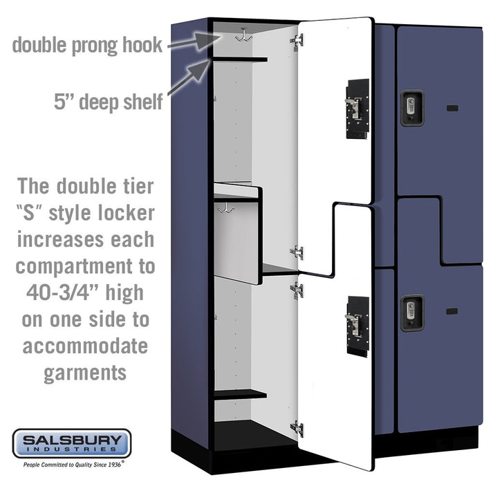 Salsbury 18" Wide Double Tier 'S' Style Designer Wood Locker - 3 Wide - 6 Feet High - 18 Inches Deep - Blue - Silver Resettable Combination Locks - Sweatfully