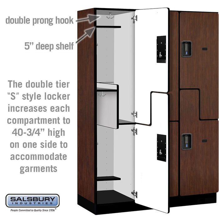 Salsbury 18" Wide Double Tier 'S' Style Designer Wood Locker - 3 Wide - 6 Feet High - 18 Inches Deep - Mahogany - Black Electronic Locks - Sweatfully