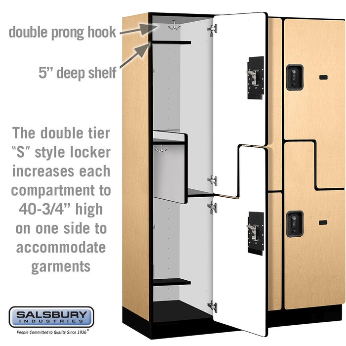 Salsbury 18" Wide Double Tier 'S' Style Designer Wood Locker - 3 Wide - 6 Feet High - 18 Inches Deep - Maple - Black Resettable Combination Locks - Sweatfully