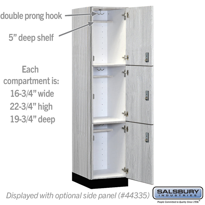 Salsbury 18" Wide Premier Wood Locker - Triple Tier - 1 Wide - 6 Feet High - 21" Deep - Silver Teak - Resettable Combination Locks - Sweatfully